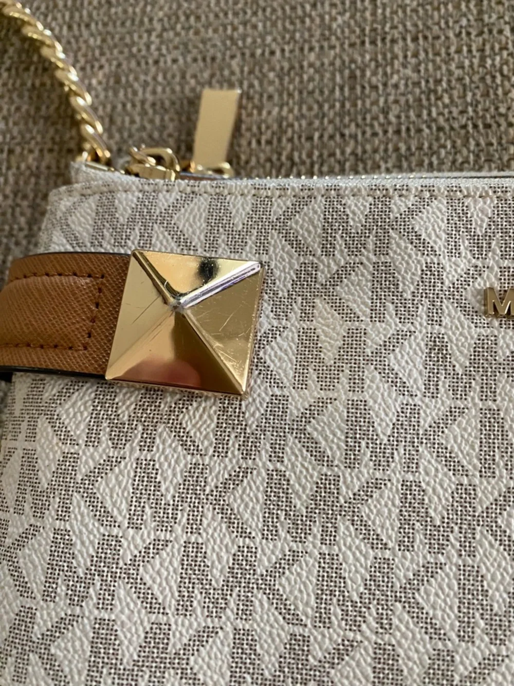 Michael Kors Cream Signature Crossbody with Brown Trim and Gold Accents